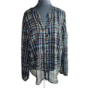 Long Sleeve- Semi sheer- Brown Blue- Large- cami undershirt- Buttons